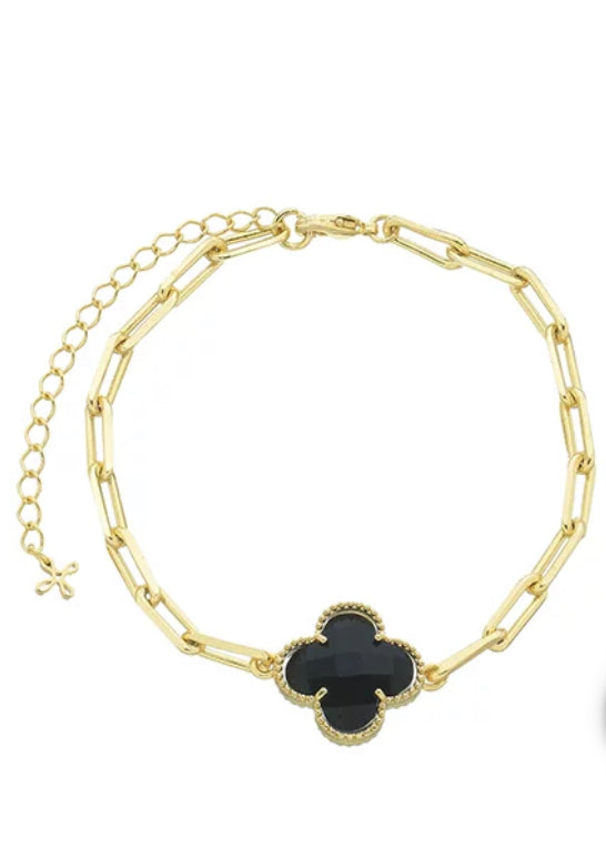 Pulseira Trevo Ônix Banho de Ouro
