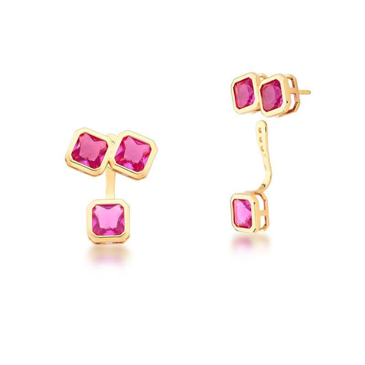 Brinco Ear Jacket com Cristais Quadrados Rosas - Banhado no Ouro 18K