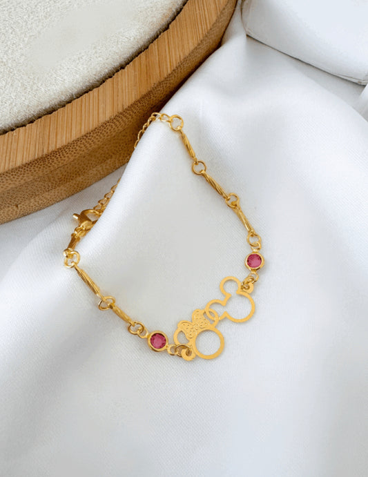 Pulseira Folheado a Ouro Infantil Com Mine e Mickey