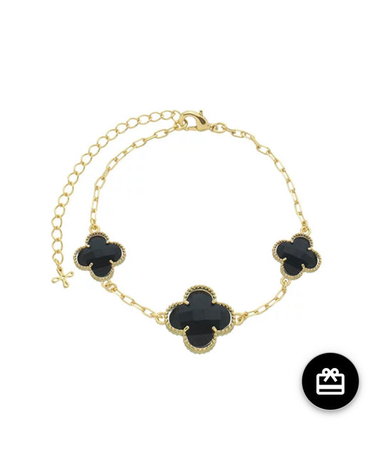 Pulseira 3 Trevos Ônix no Banho de Ouro