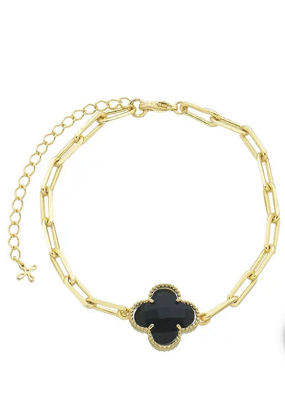 Pulseira Trevo Ônix Banho de Ouro