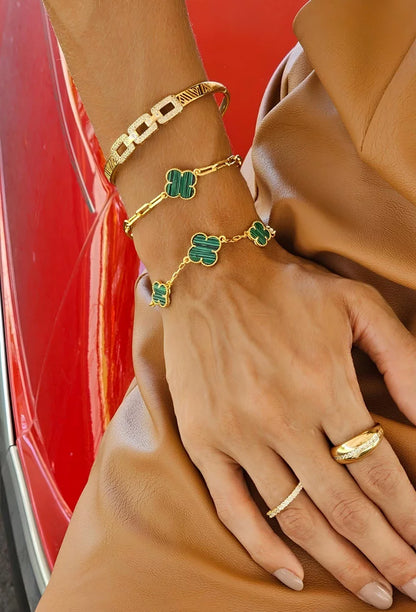 Pulseira Inspiração Virginia VC Banho de Ouro Trevo Malaquita