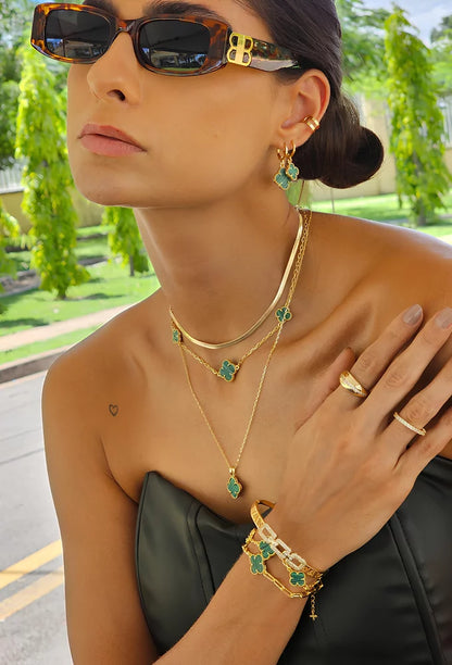 Pulseira Inspiração Virginia VC Banho de Ouro Trevo Malaquita