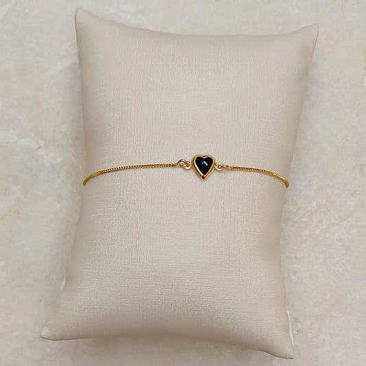 Pulseira Coração Zircônia Solitário Preto no Banho de Ouro 18k